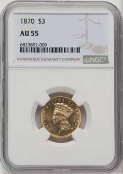 1870 $3 Three Dollar Gold Pieces NGC AU55