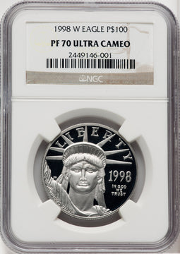 1998-W $100 One-Ounce Platinum Eagle Statue of Liberty Brown Label NGC PF70