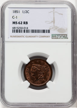 1851 1/2 C C-1 RB Half Cent NGC MS62