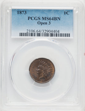 1873 1C Open 3 BN Indian Cent PCGS MS64