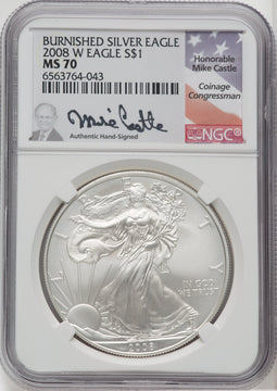 2008-W S$1 Silver Eagle Burnished Mike Castle Signature NGC MS70