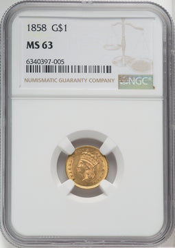 1858 G$1 Gold Dollar NGC MS63