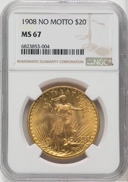 1908 $20 NO MOTTO Saint-Gaudens Double Eagle NGC MS67 (758091175)