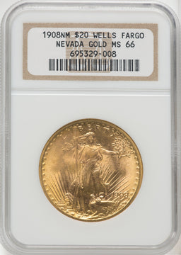1908 NM $20 Wells Fargo Saint-Gaudens Double Eagle NGC MS66 (765577001)