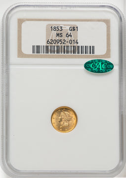 1853 G$1 CAC Gold Dollar NGC MS64