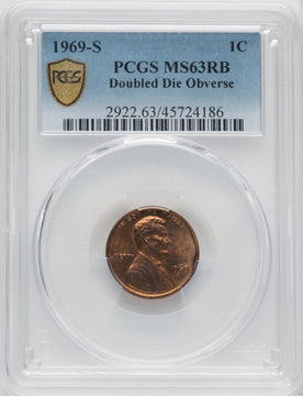 1969-S 1C DOUBLE DIE RB Lincoln Cent PCGS MS63