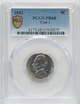 1942 5C TYPE 1 Proof Jefferson Nickel PCGS PR68