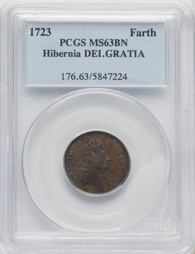 1723 Hibernia Farthing DEI GRATIA BN Colonials PCGS MS63