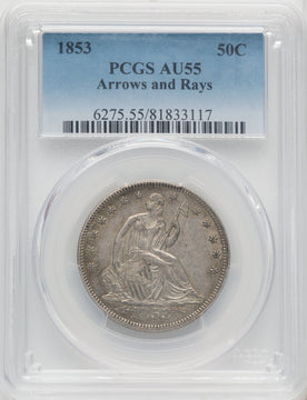 1853 50C Arrow and Rays Seated Half Dollar PCGS AU55