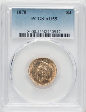 1878 $3 Three Dollar Gold Pieces PCGS AU55