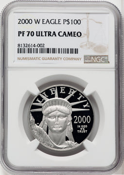 2000-W $100 One-Ounce Platinum Eagle Statue of Liberty Brown Label NGC PF70