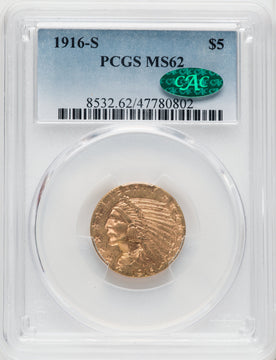 1916-S $5 CAC Indian Half Eagle PCGS MS62