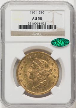1861 $20 CAC Liberty Double Eagle NGC AU58