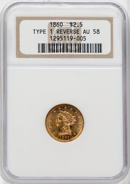 1860 $2.50 Old Rev. Liberty Quarter Eagle NGC AU58