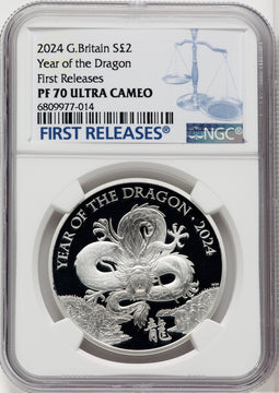 Charles III silver Proof “Year of the Dragon” 2 Pounds (1 oz) 2024 PR70 Ultra Cameo NGC