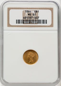 1864 G$1 Gold Dollar NGC MS61