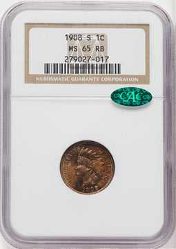 1908-S 1C RB CAC Indian Cent NGC MS65