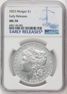 2023 $1 Morgan Dollar First Strike ER Blue Modern Commemoratives NGC MS70