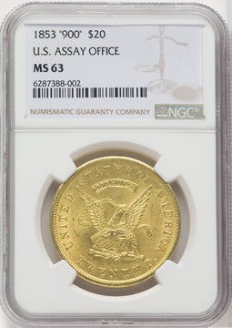 1853 $20 Assay Office 900 Thous. Territorial Gold NGC MS63