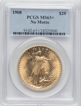 1908 $20 NO MOTTO Saint-Gaudens Double Eagle PCGS MS63+