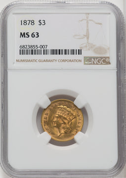 1878 $3 Three Dollar Gold Pieces NGC MS63 (765974021)