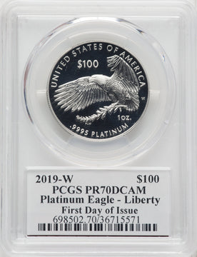 2019-W $100 One-Ounce Platinum Eagle Liberty First Day of Issue Mercanti Flag PCGS PR70