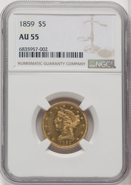 1859 $5 Liberty Half Eagle NGC AU55