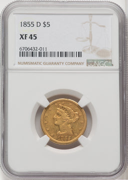 1855-D $5 Large D Liberty Half Eagle NGC XF45