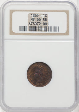 1865 1C Plain 5 RB Indian Cent NGC MS66