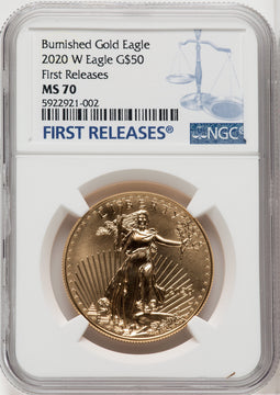 2020-W $50 One Ounce Gold Eagle Burnished First Strike FR Blue NGC MS70