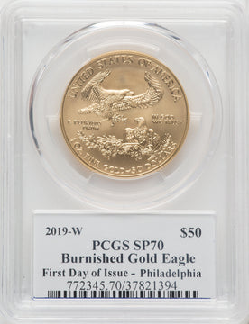 2019-W 1 oz Burnished Gold Eagle FDI PCGS SP70 Ed Moy
