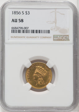 1856-S $3 Three Dollar Gold Pieces NGC AU58