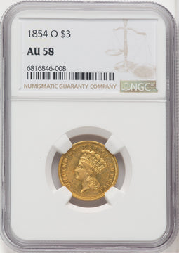 1854-O $3 Three Dollar Gold Pieces NGC AU58