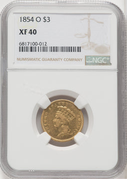 1854-O $3 Three Dollar Gold Pieces NGC XF40