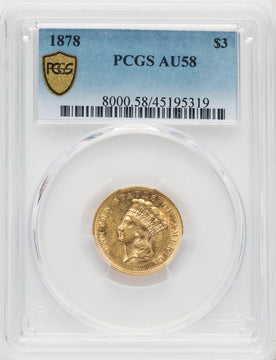 1878 $3 Three Dollar Gold Pieces PCGS AU58