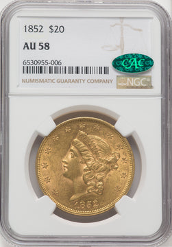 1852 $20 CAC Liberty Double Eagle NGC AU58