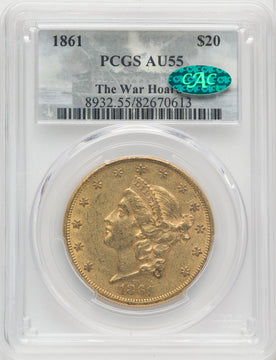 1861 $20 CAC Liberty Double Eagle PCGS AU55