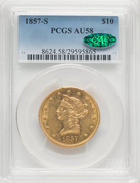 1857-S $10 CAC Liberty Eagle PCGS AU58