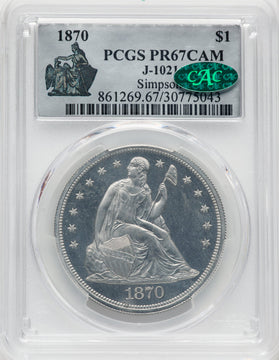 1870 $1 Judd-1021 CA CAC Patterns PCGS MS67