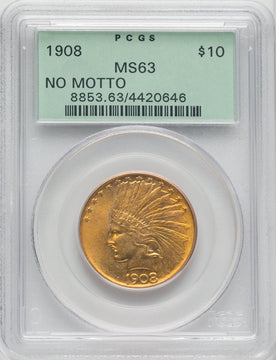 1908 $10 NO MOTTO Indian Eagle PCGS MS63