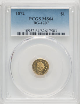 1872 Indian Round 1 Dollar BG-1207 R.4 California Fractional Gold PCGS MS64