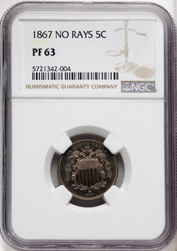 1867 5C NO RAYS Proof Shield Nickel NGC PR63