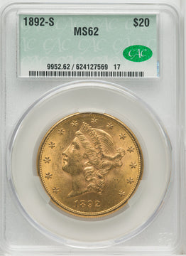 1892-S $20 Liberty Double Eagle CACG MS62
