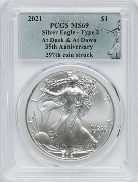 2021 American Silver Eagle Type 2 At Dusk & Dawn 35th Anniversary 297th PCGS MS69
