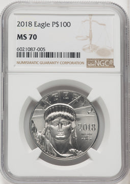 2018 $100 One-Ounce Platinum Eagle Statue of Liberty Brown Label NGC MS70