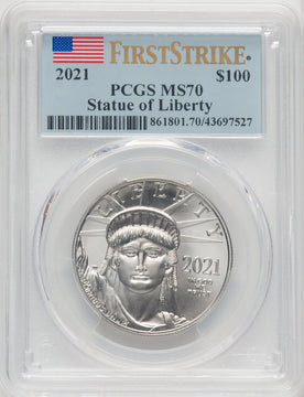 2021 $100 One-Ounce Platinum Eagle Statue of Liberty First Strike FS Flag PCGS MS70