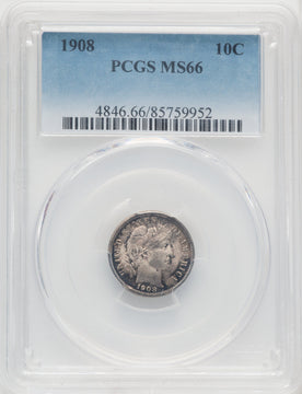1908 10C Barber Dime PCGS MS66