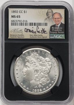 1892-CC $1 Mike Castle Blk Core Franklin Series Morgan Dollar NGC MS65