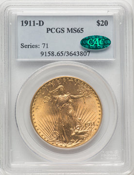 1911-D $20 CAC Saint-Gaudens Double Eagle PCGS MS65