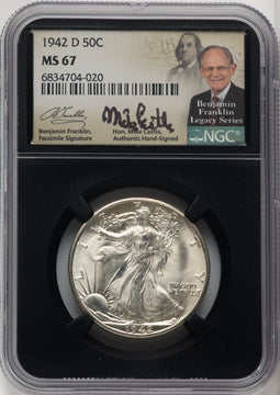 1942-D 50C Mike Castle Blk Core Franklin Series Walking Liberty Half Dollar NGC MS67